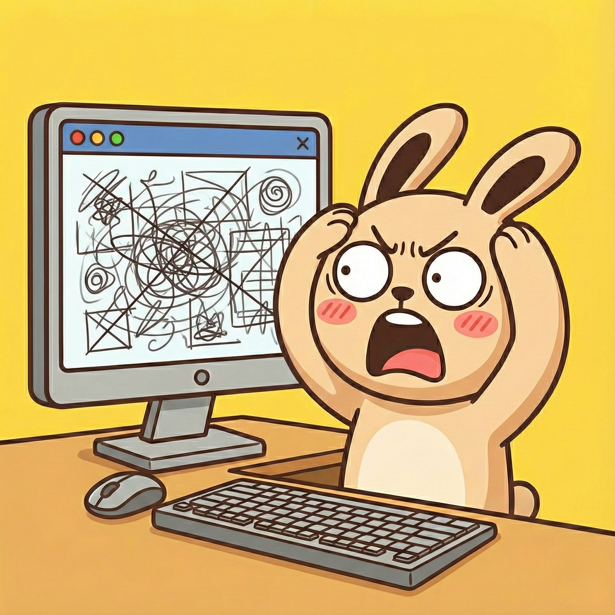 卡通兔子面对电脑混乱画面抓狂大叫的插画,用于展示 XIUXIU 羞羞成立的初衷:帮助用户避开混乱信息,找到适合的情趣用品体验
