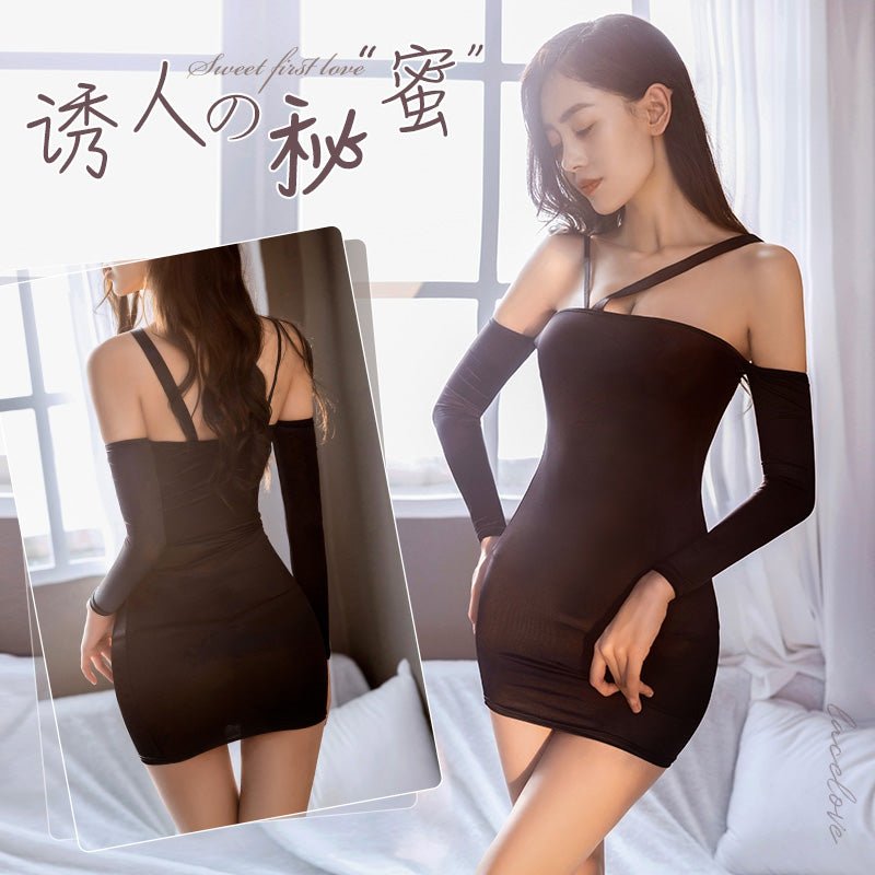 抹胸露肩长袖秘书连衣裙 OL 霏慕