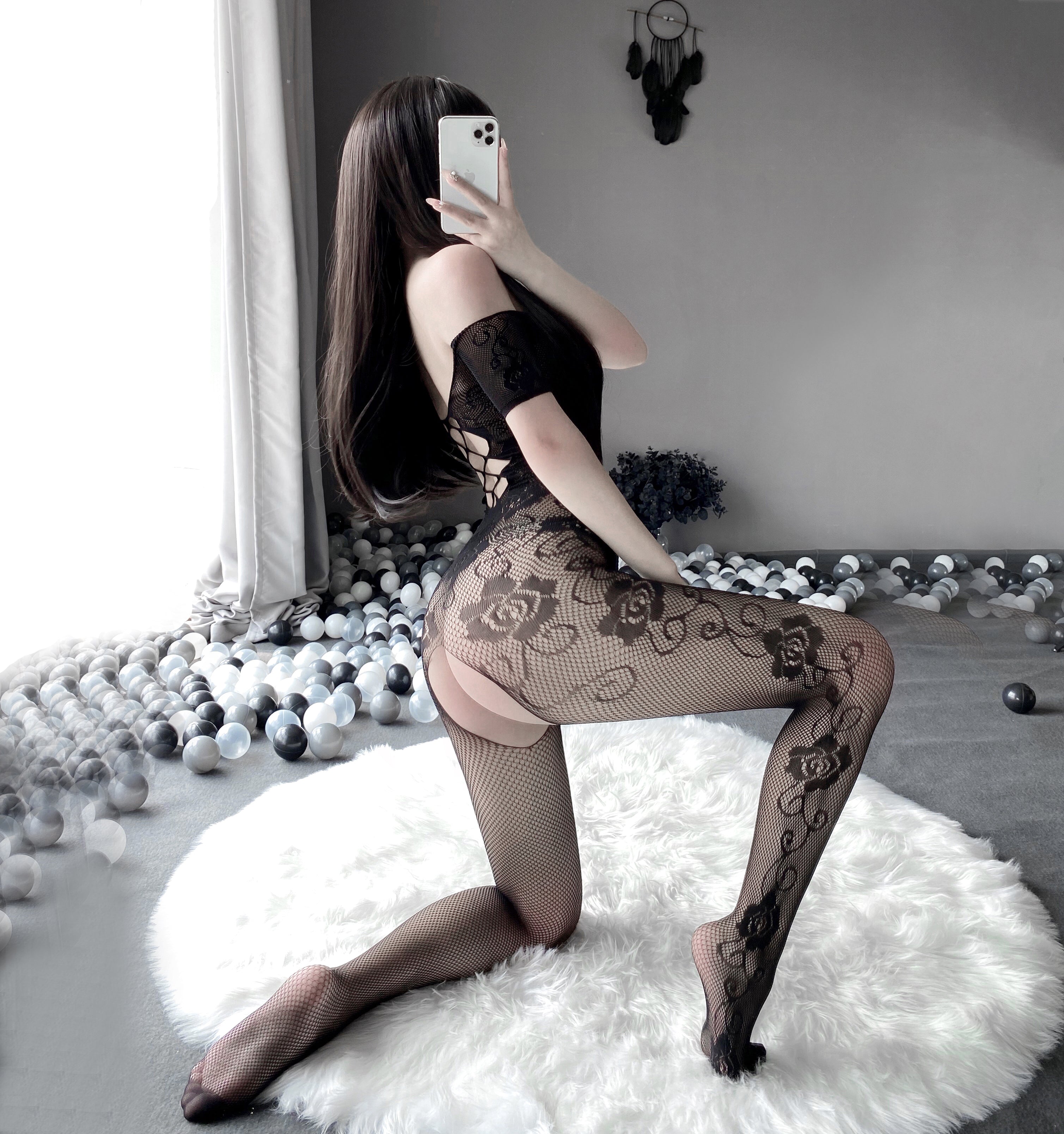 提花蕾丝镂空露乳连身网衣 网衣 LLT