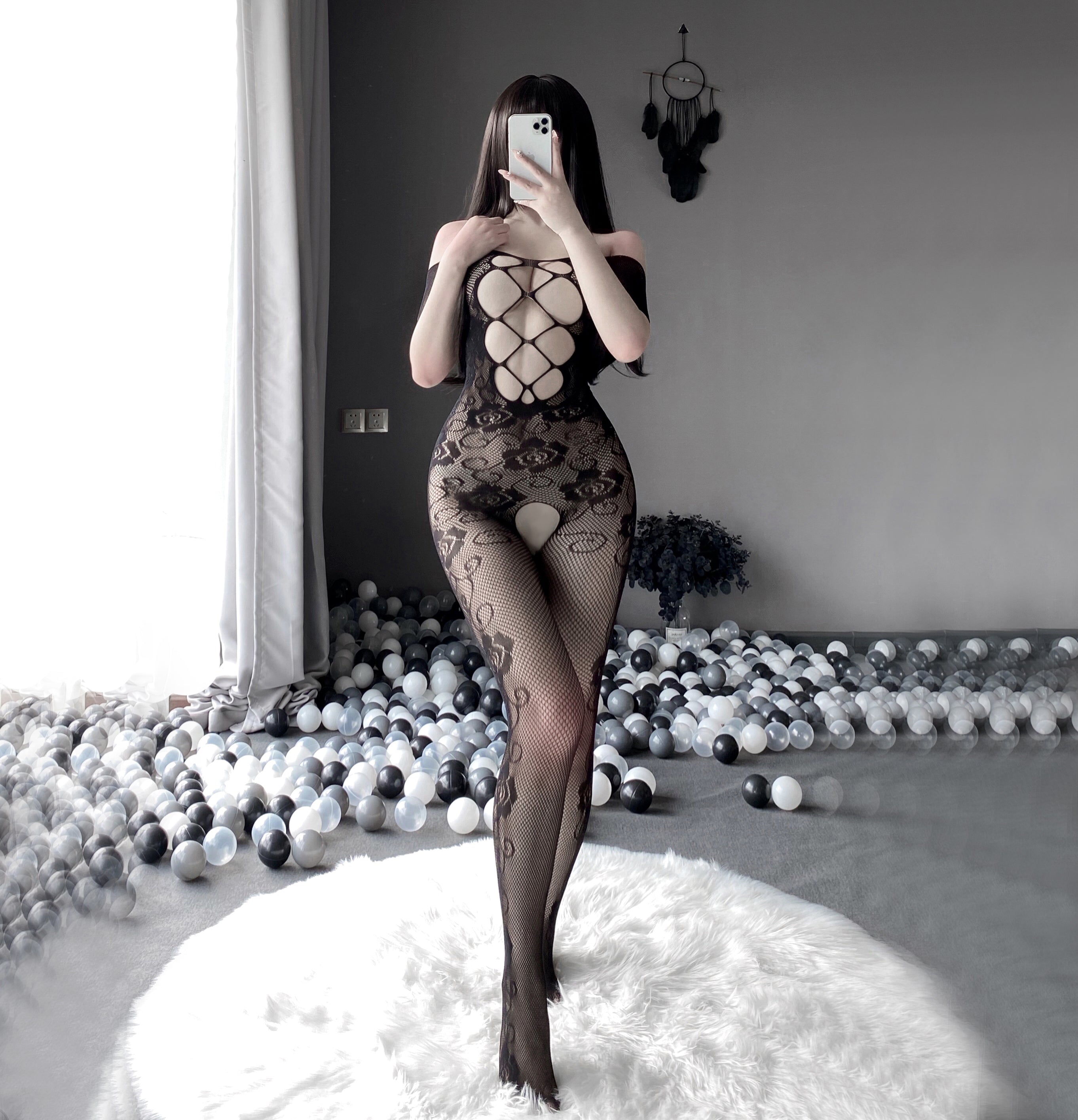 提花蕾丝镂空露乳连身网衣 网衣 LLT