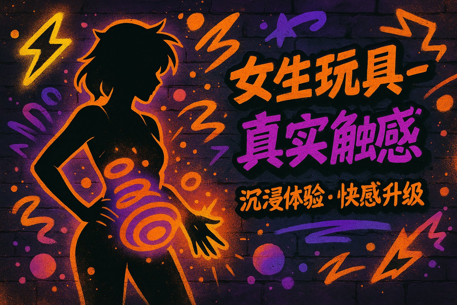 Realistic touch banner in graffiti style, dark concrete wall with neon orange-purple spray paint, anime-style female silhouette in hip-hop vibe with glowing ripple orbs, graffiti arrows and energy rings, text on right '女生玩具-真实触感 沉浸体验·快感升级'.