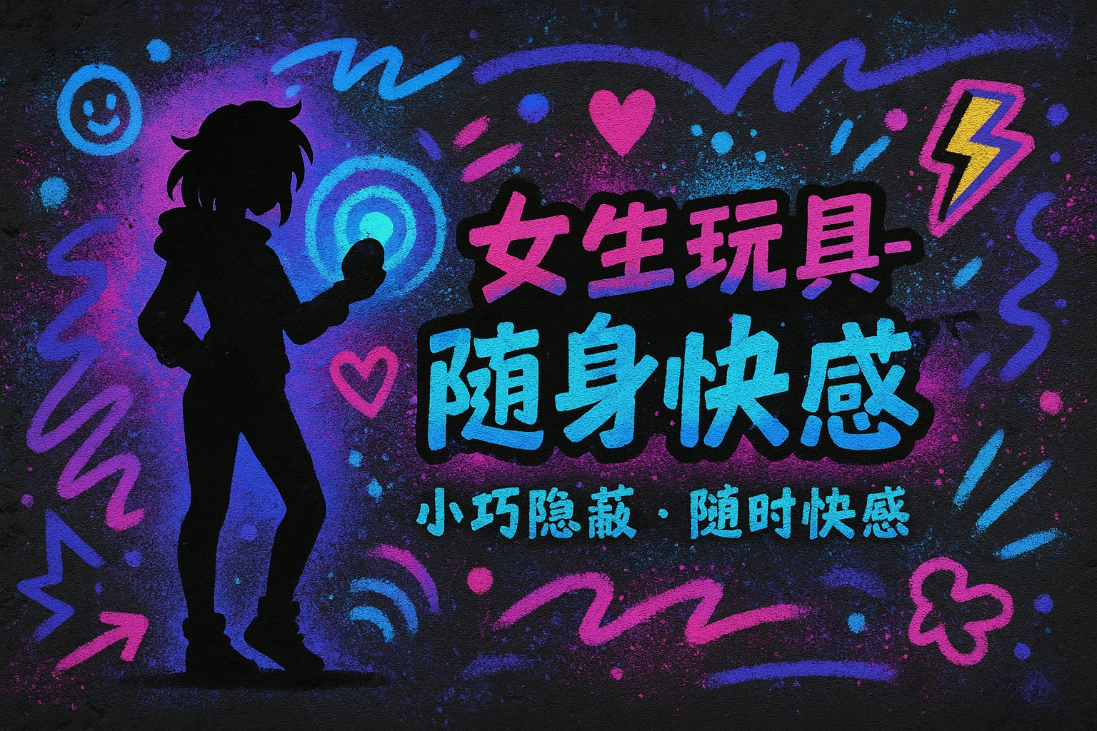 Pocket fun banner in graffiti style, dark concrete wall with neon pink-purple and cyan spray paint, anime-style female silhouette in hip-hop pose with glowing mini orbs and ripple waves, text on right '女生玩具-随身 小巧隐蔽·随时快感'