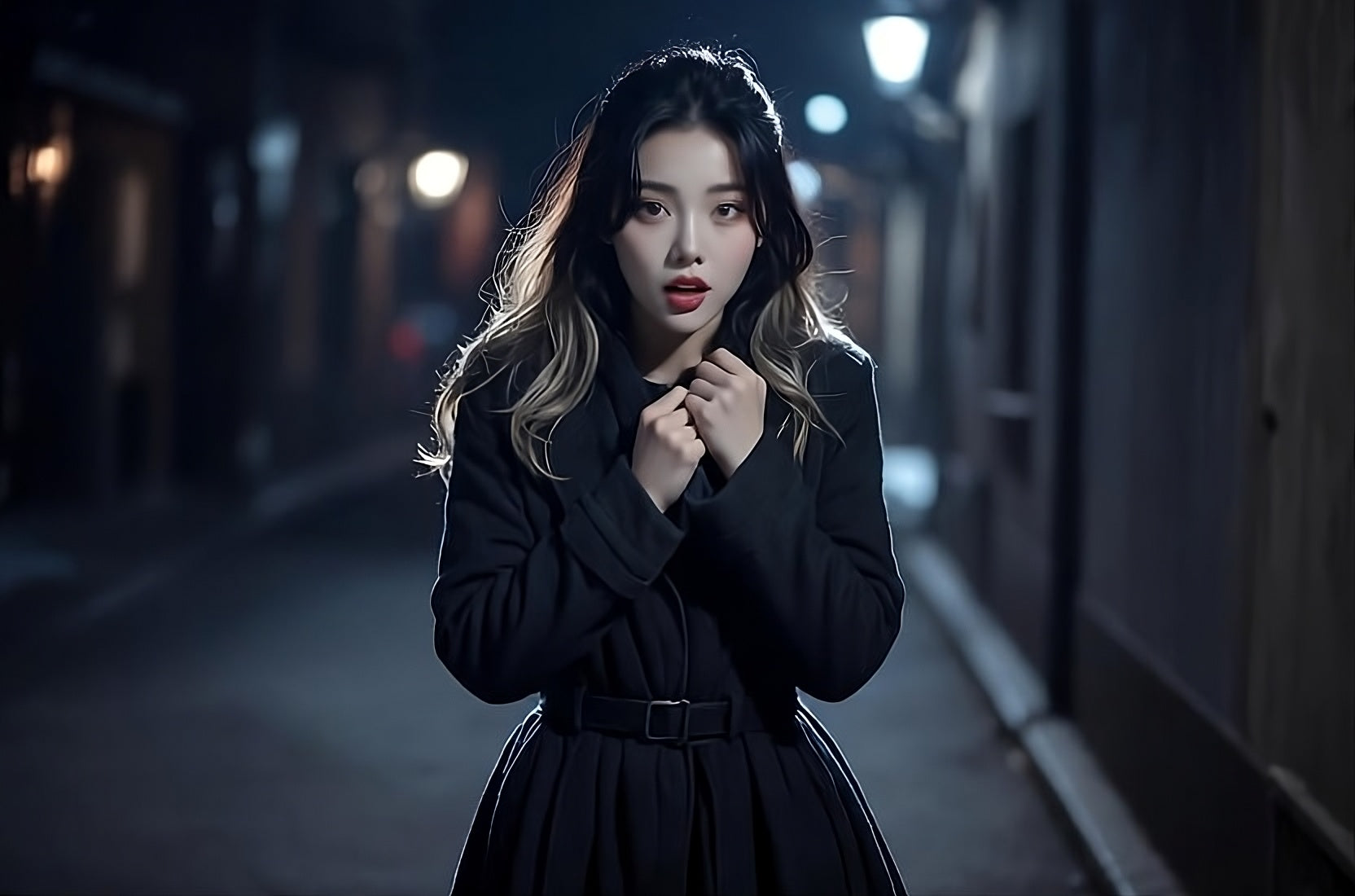 夜晚街道中的女孩形象，穿着深色外套，表现出紧张情绪的氛围插图