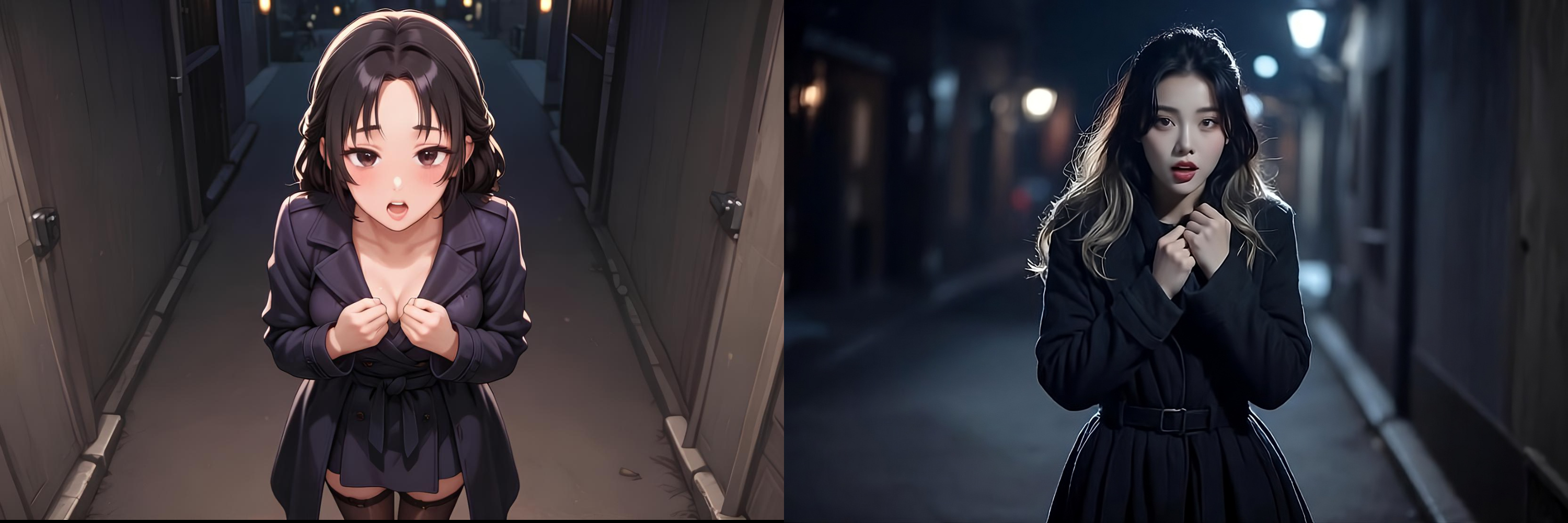 左侧夜巷场景中的动漫风女孩，身穿深色外套，带有惊讶表情的角色插画，右侧夜晚街道中的女孩形象，穿着深色外套，表现出紧张情绪的氛围插图