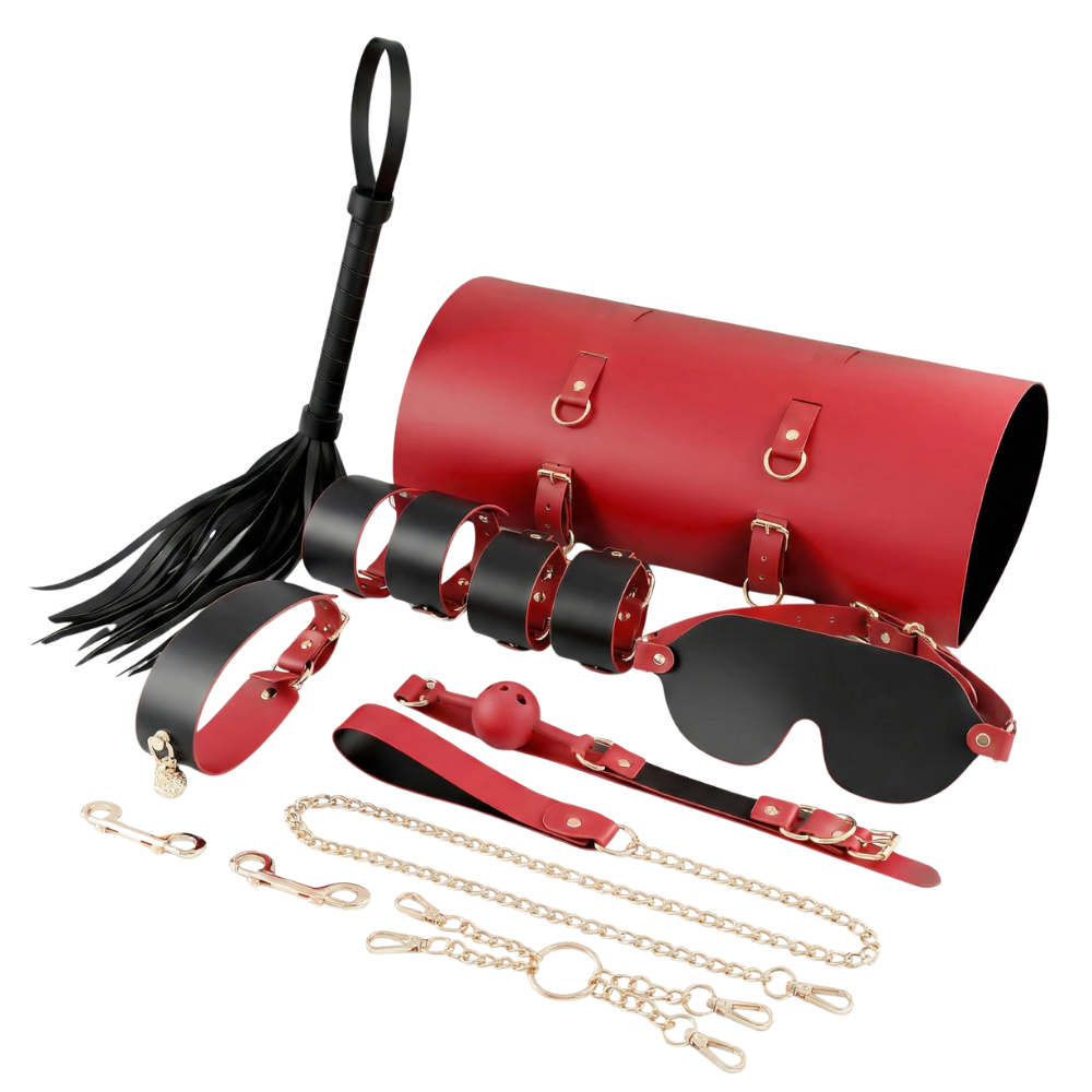 情趣束缚套装展示图，包含多种配件组合的进阶玩法工具