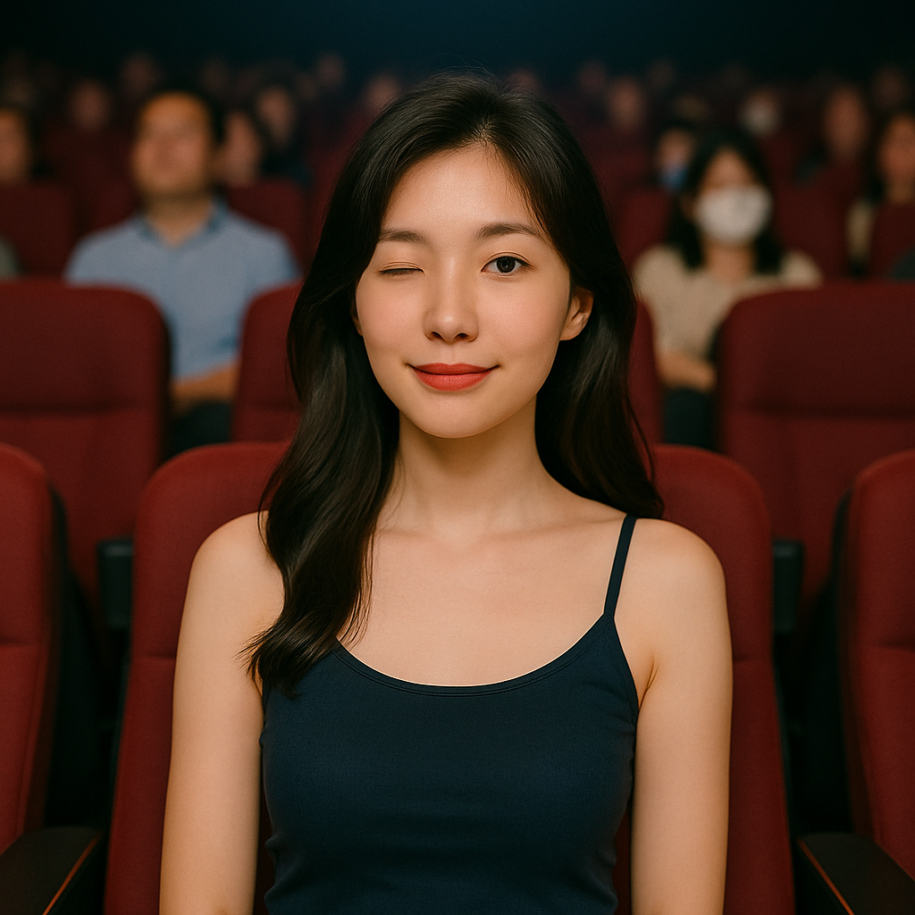 电影院环境中女性微笑眨眼的生活场景穿搭图