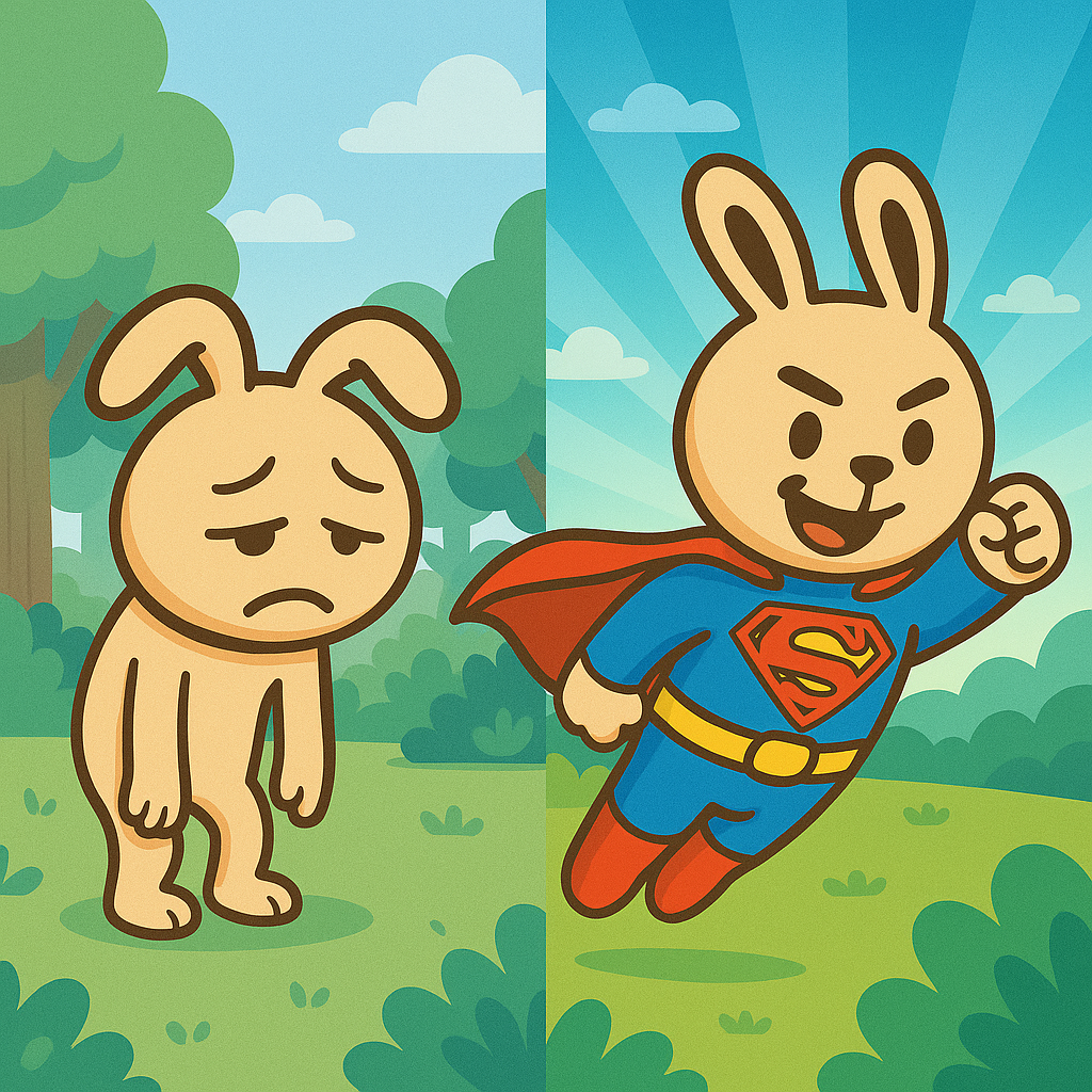 卡通角色对比展示延时助力效果的趣味插画