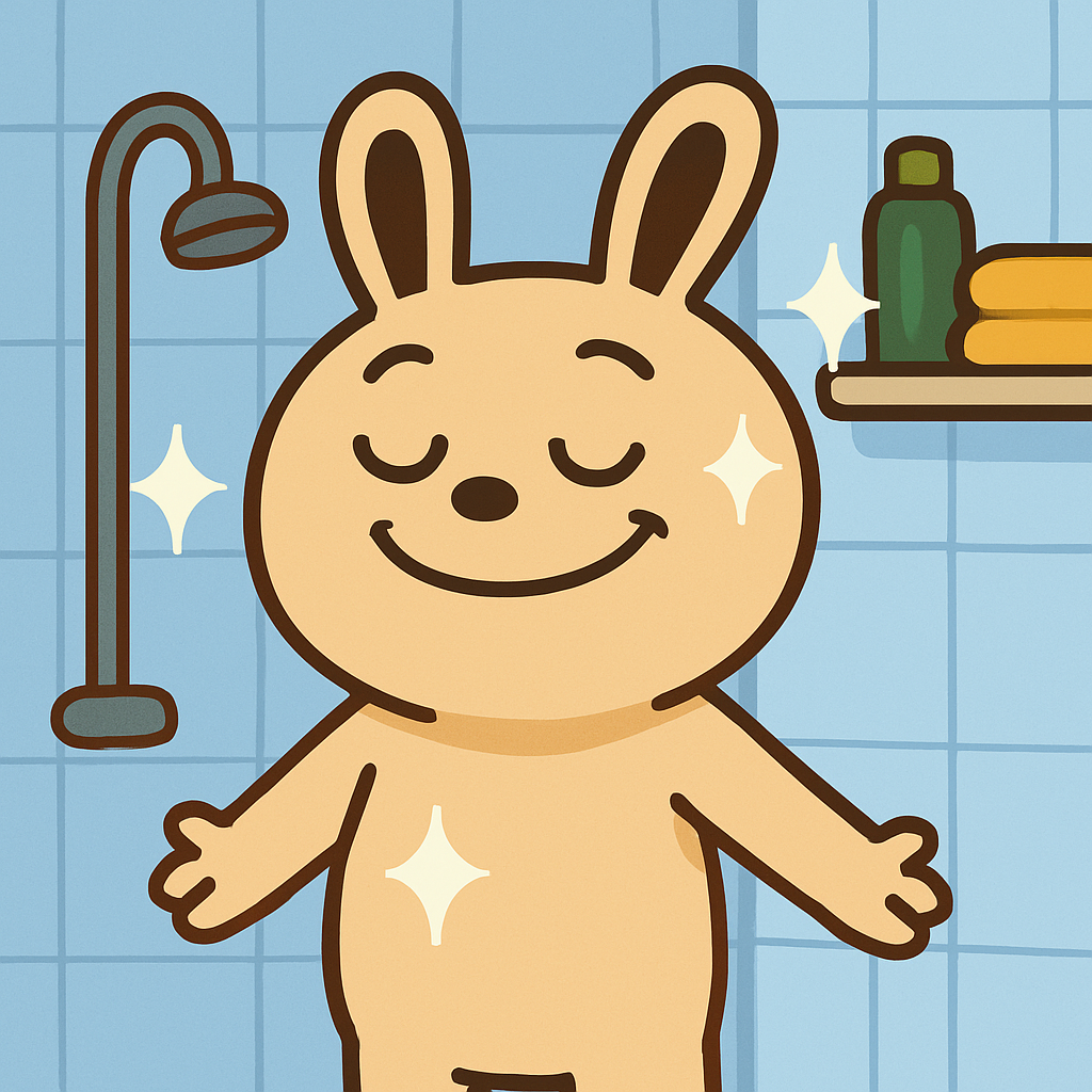 卡通角色沐浴场景，表现清洁护理效果的插画图