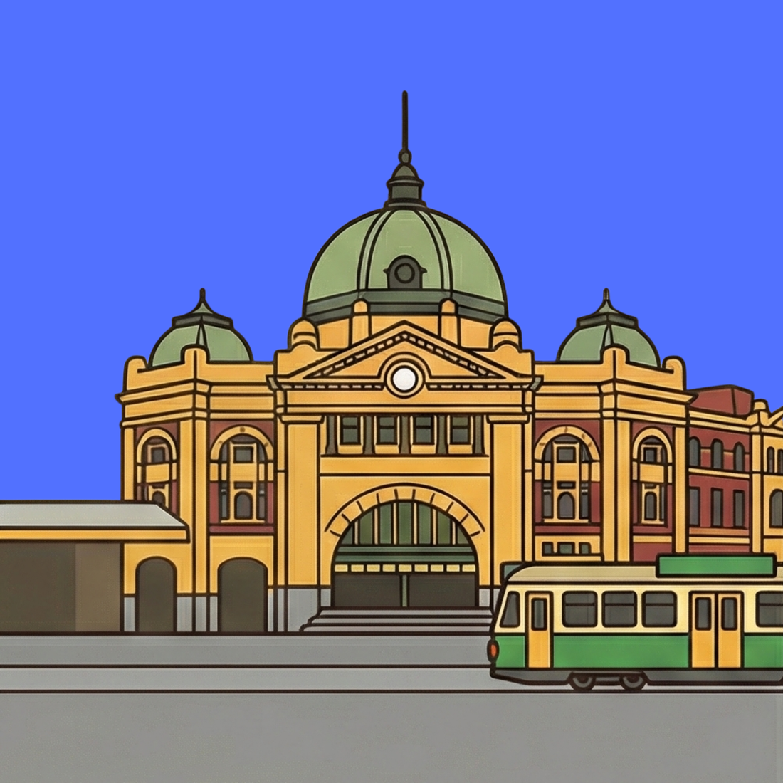 墨尔本弗林德斯火车站插画，经典城市建筑