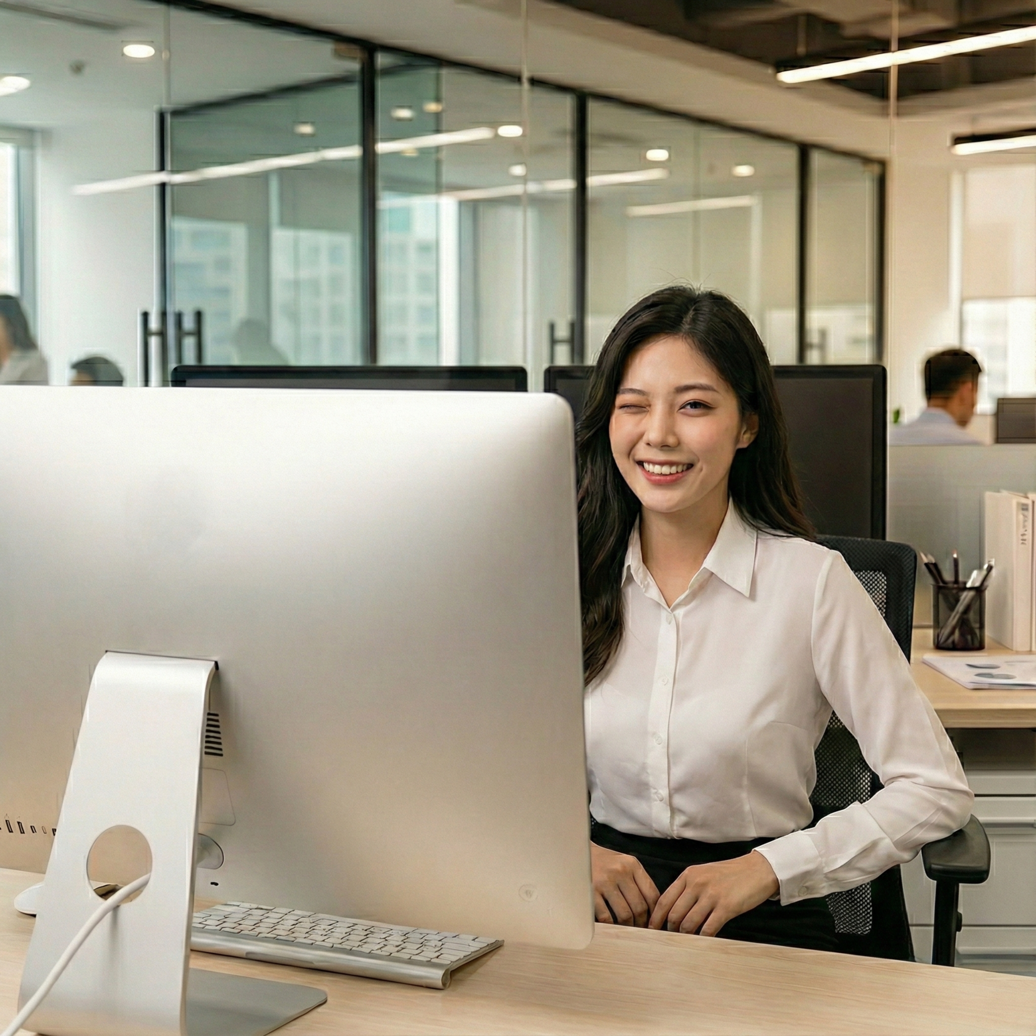 办公室环境中女性使用电脑的职业穿搭日常场景图