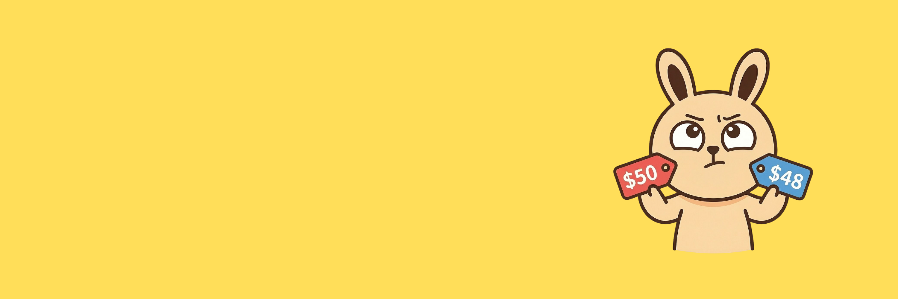 羞羞价格匹配卡通形象，一只兔子手拿不同价格标签，支持全澳最低价保障