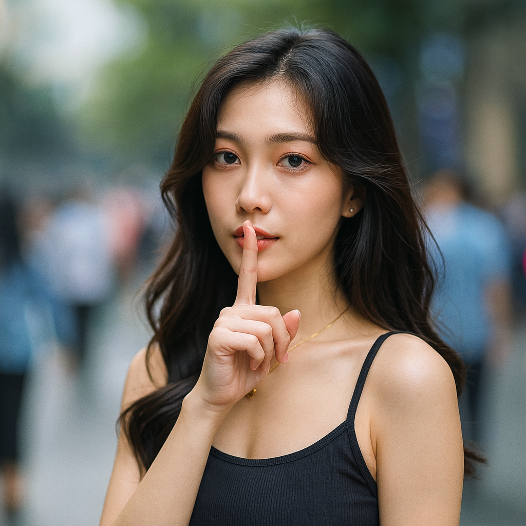 户外场景中女性穿日常背心上衣，做安静手势的情绪表达照片