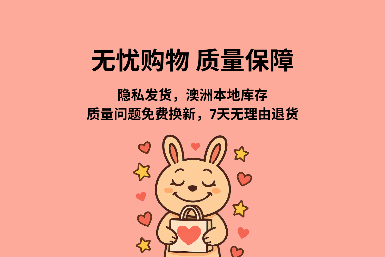 羞羞无忧购物质量保障宣传图-电脑端，隐私发货澳洲仓发货，质量问题包换与 7 天无理由退货。
