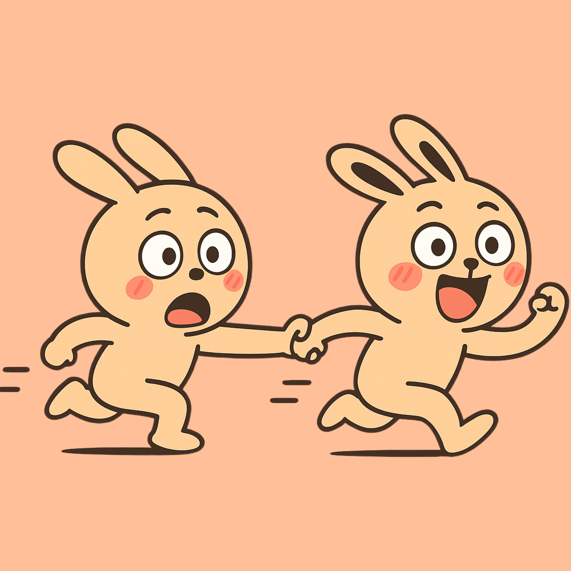 两只兔子牵手奔跑，象征探索与陪伴