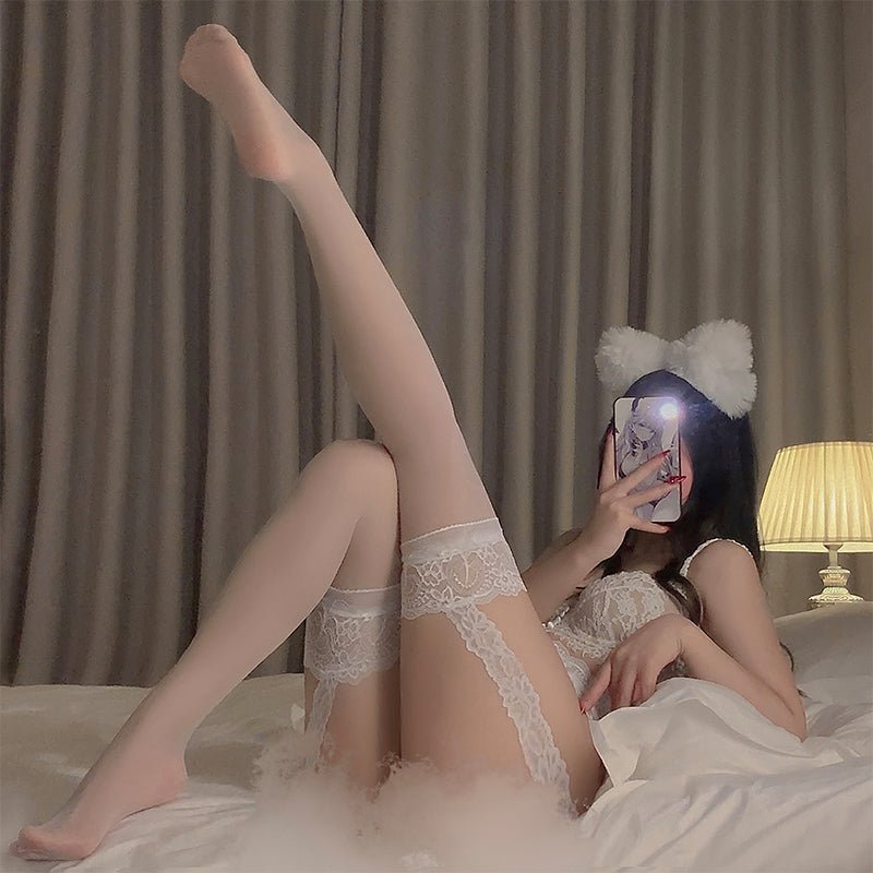 蕾丝吊带免脱黑白吊带丝袜 情趣丝袜 姿趣 白色  